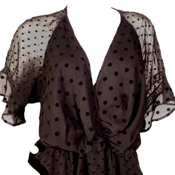 Zara Black Polka Dot Tiered Dress | Size Medium | Sheer V-Neck Overlay - Picture 2 of 4